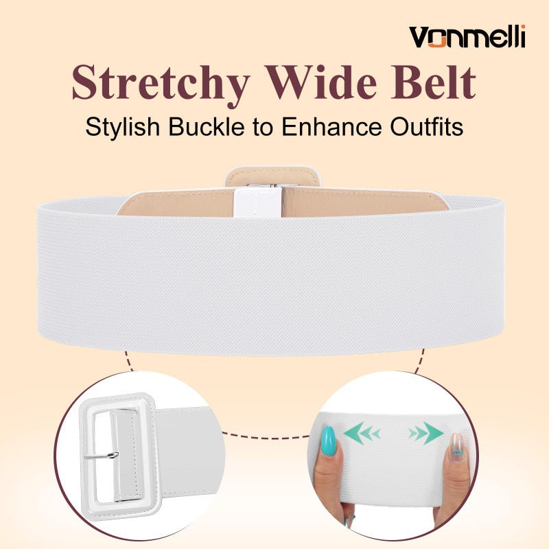 VONMELLI Elastic Wide Women Belts Vinatge Stretchy Belts for Women Fashion Ladies Waist Belt for Dress, White L - Image 2