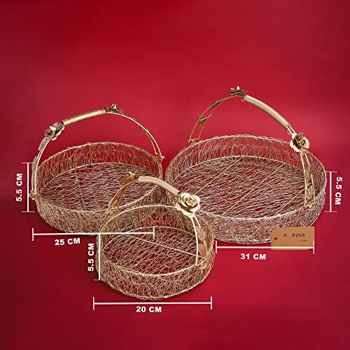 ekysa dekor Metal Meshwire Multipurpose Hamper Fancy Round Shape Basket/Tray/Platter With Hadles For Packing, Gifting, Decoration- Golden (8 * 2.5, 10 * 2.5, 12 * 2.5 Inch) - Image 2