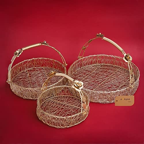 ekysa dekor Metal Meshwire Multipurpose Hamper Fancy Round Shape Basket/Tray/Platter With Hadles For Packing, Gifting, Decoration- Golden (8 * 2.5, 10 * 2.5, 12 * 2.5 Inch) - Image 1