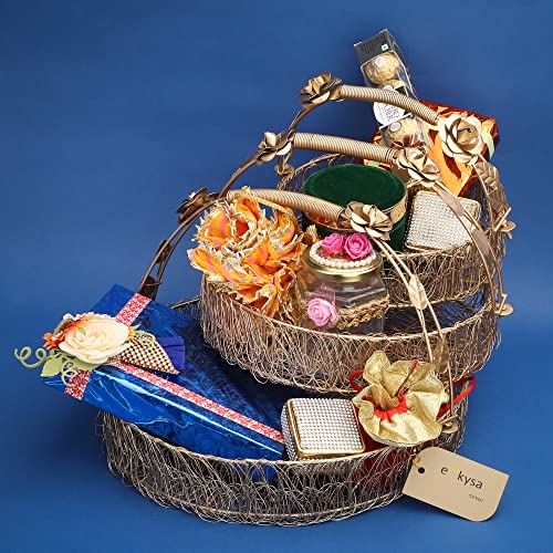 ekysa dekor Metal Meshwire Multipurpose Hamper Fancy Round Shape Basket/Tray/Platter With Hadles For Packing, Gifting, Decoration- Golden (8 * 2.5, 10 * 2.5, 12 * 2.5 Inch) - Image 3