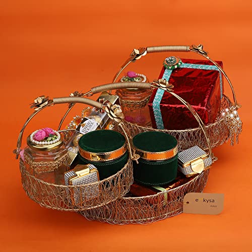 ekysa dekor Metal Meshwire Multipurpose Hamper Fancy Round Shape Basket/Tray/Platter With Hadles For Packing, Gifting, Decoration- Golden (8 * 2.5, 10 * 2.5, 12 * 2.5 Inch) - Image 5