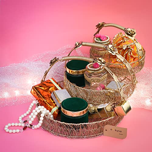 ekysa dekor Metal Meshwire Multipurpose Hamper Fancy Round Shape Basket/Tray/Platter With Hadles For Packing, Gifting, Decoration- Golden (8 * 2.5, 10 * 2.5, 12 * 2.5 Inch) - Image 4