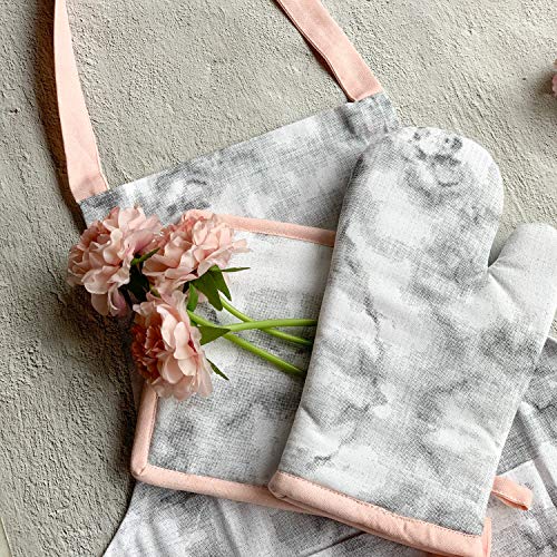 Pixel Home Printed Apron with Center Pocket Cotton with Oven Mitten with Free Pot Holder (Marble Print) - Image 3