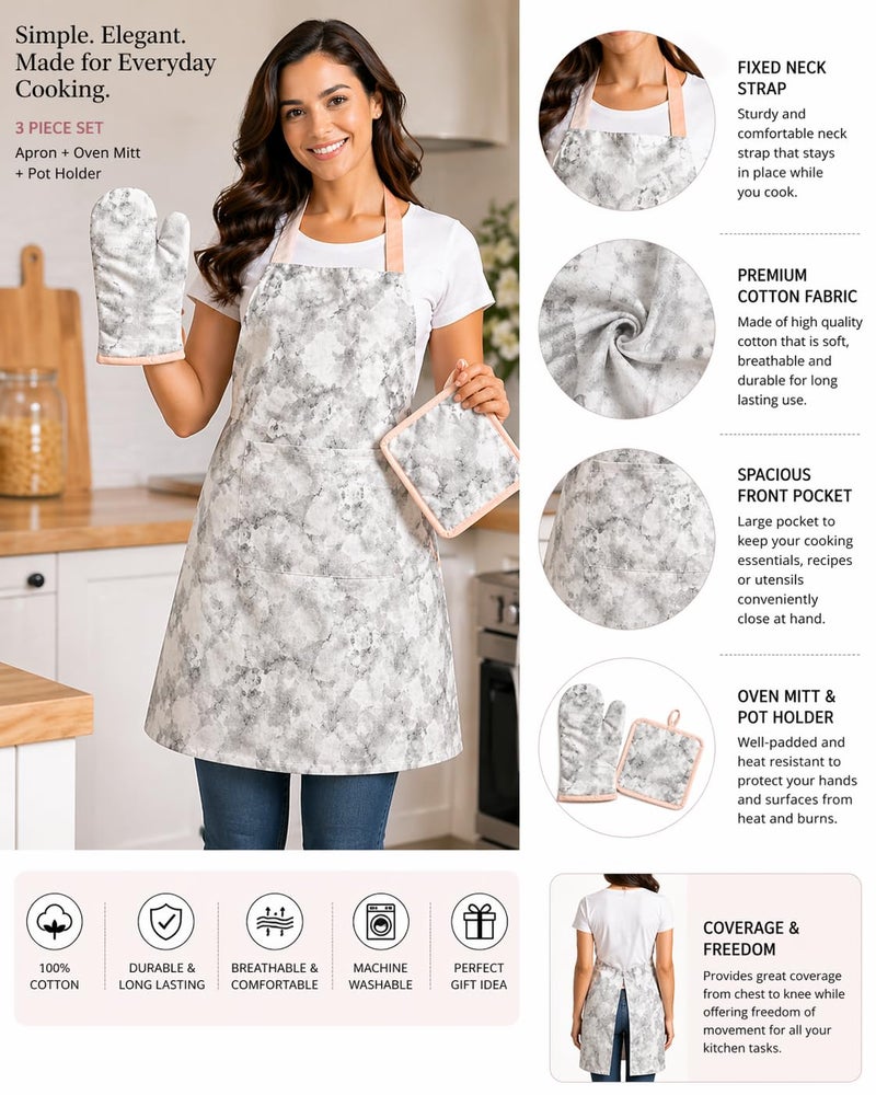 Pixel Home Printed Apron with Center Pocket Cotton with Oven Mitten with Free Pot Holder (Marble Print) - Image 2
