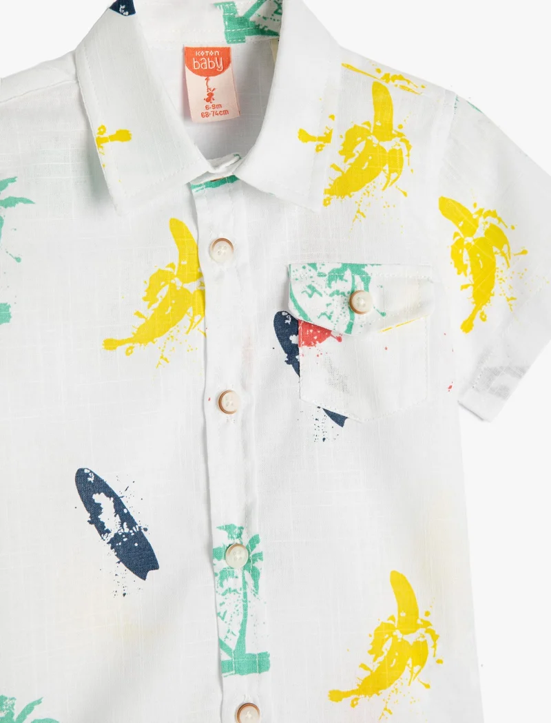 كوتون Cotton Shirt Short Sleeved Covered Pocket Detailed Printed Cotton