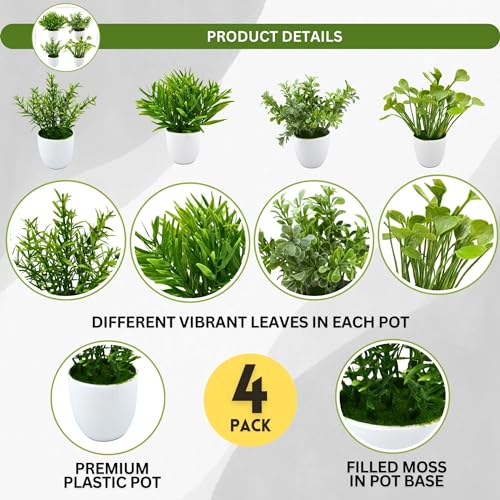 fancymart Artificial Potted Plants, Pack of 4 Artificial Plastic Eucalyptus Plants Small Indoor Potted Houseplants, Small Faux Plants for Home Decor Bathroom Office Farmhouse - Image 2
