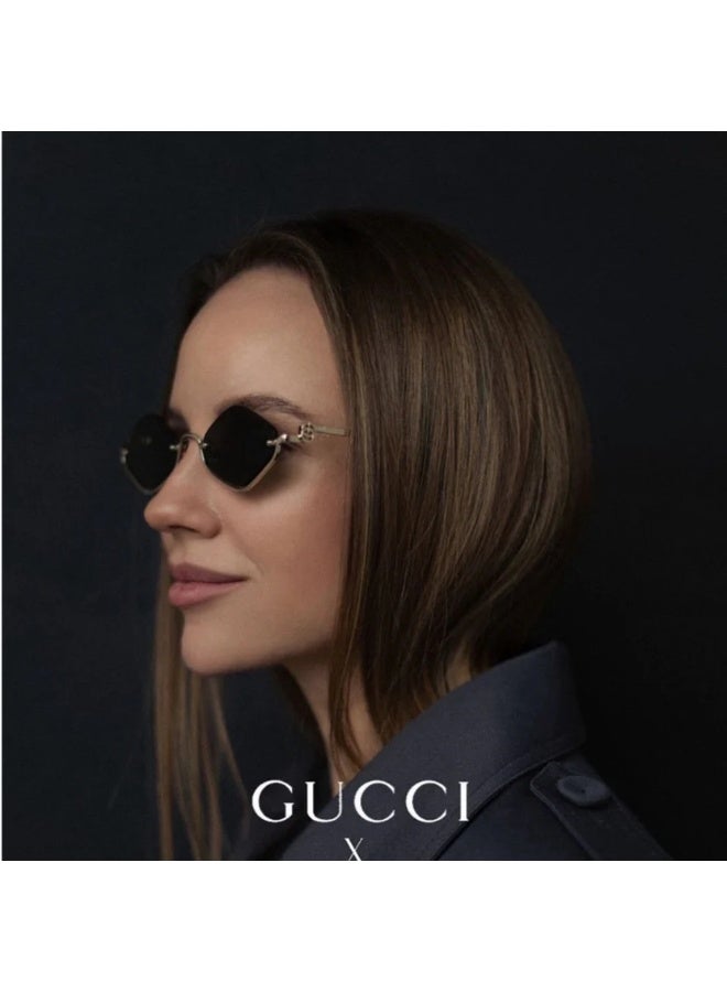 Gucci GG1604S Emblem Geometric Semi‑Rimless Designer Sunglasses — Elegant Gold Metal Frame with Grey or Brown BIO‑Nylon Lenses, 53 mm - Image 3