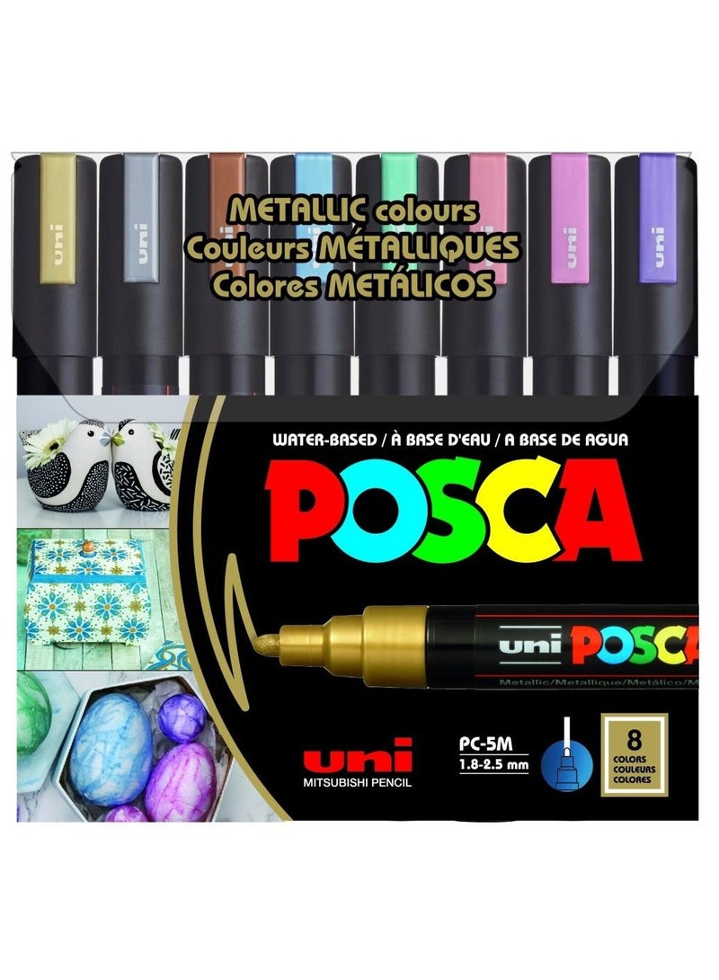POSCA PC-5M Water Based Permanent Marker Paint Pens, Set of 8 (Metallic Colors) - Image 1