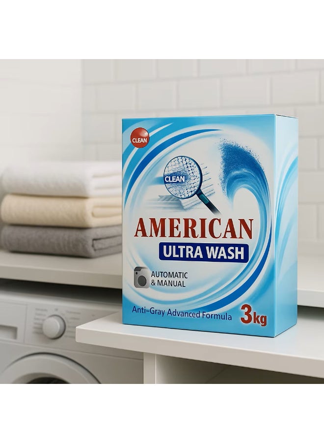 مسحوق غسيل أمريكان لتنظيف عميق – إزالة قوية للبقع للملابس البيضاء والملوّنة – رائحة منعشة تدوم طويلاً – تركيبة سريعة الذوبان مناسبة للغسالات الأوتوماتيك والفوق أوتوماتيك – وزن ٣ كجم - Image 1