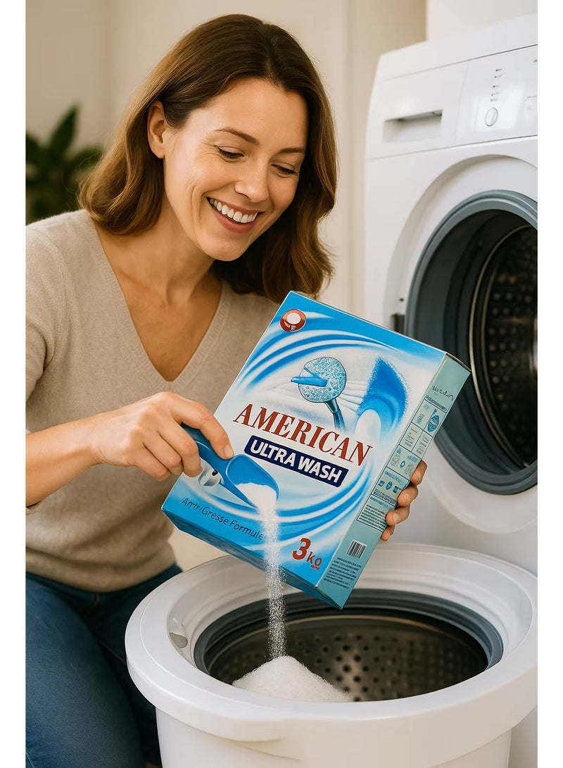 مسحوق غسيل أمريكان لتنظيف عميق – إزالة قوية للبقع للملابس البيضاء والملوّنة – رائحة منعشة تدوم طويلاً – تركيبة سريعة الذوبان مناسبة للغسالات الأوتوماتيك والفوق أوتوماتيك – وزن ٣ كجم - Image 3
