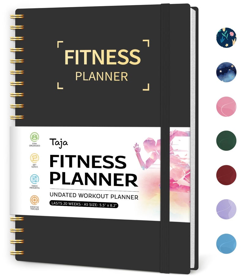 Taja Fitness Workout Journal for Women & Men, A5(5.5" x 8.2") Workout Log Book Planner for Tracking, Progress, and Achieving Your Wellness Goals-Black - Image 1