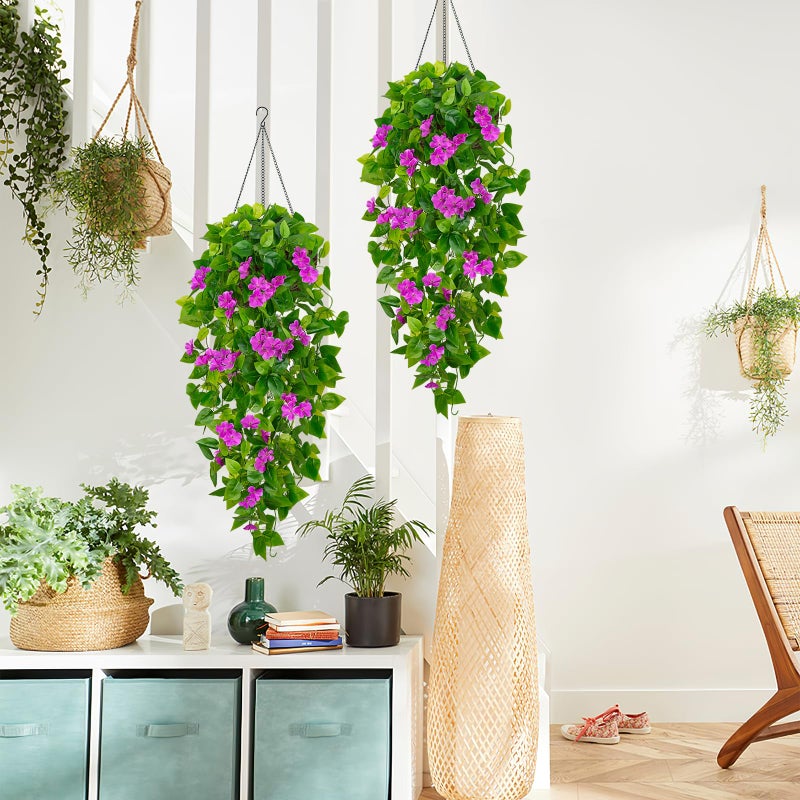 BLEUM CADE Artificial Hanging Flowers for Outdoors, 2pcs Fake Hanging Plants Pothos Vines with Purple Flowers for Wall Home Living Room Indoor Outdoor Decor (No Baskets) - Image 4