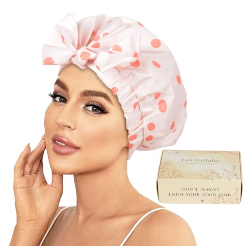 Luvruitaky Shower Cap Luxury Shower Caps for Women Reusable Waterproof Hair Cap for Shower with Adjustable Bowknot Hair Bath Cap (Pink) - Image 1