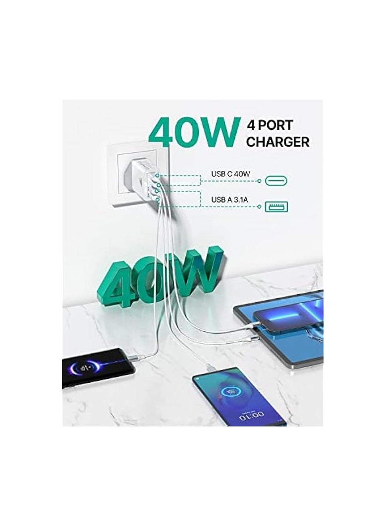 Aioneus USB C Charger, Aioneus 40W 4-Port Type C Fast Charger Adapter with USB-C and USB-A, PD 3.0 USB C Adapter Plug Wall Charger for Samsung S23 S22 Ultra S10, iPhone 15 14 13 Pro Max XR, iPad, Google Pixel - Image 2