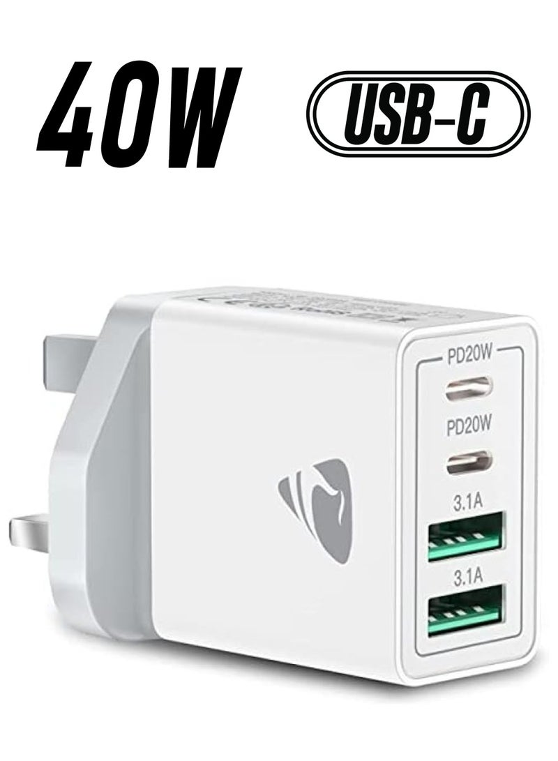 Aioneus USB C Charger, Aioneus 40W 4-Port Type C Fast Charger Adapter with USB-C and USB-A, PD 3.0 USB C Adapter Plug Wall Charger for Samsung S23 S22 Ultra S10, iPhone 15 14 13 Pro Max XR, iPad, Google Pixel - Image 1
