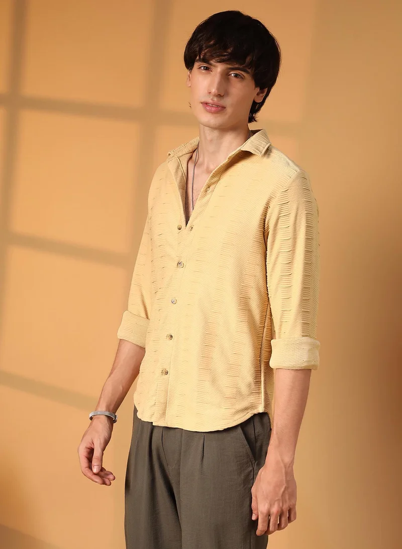 Campus Sutra Men's Butter Yellow Ruche-Ribbed Shirt