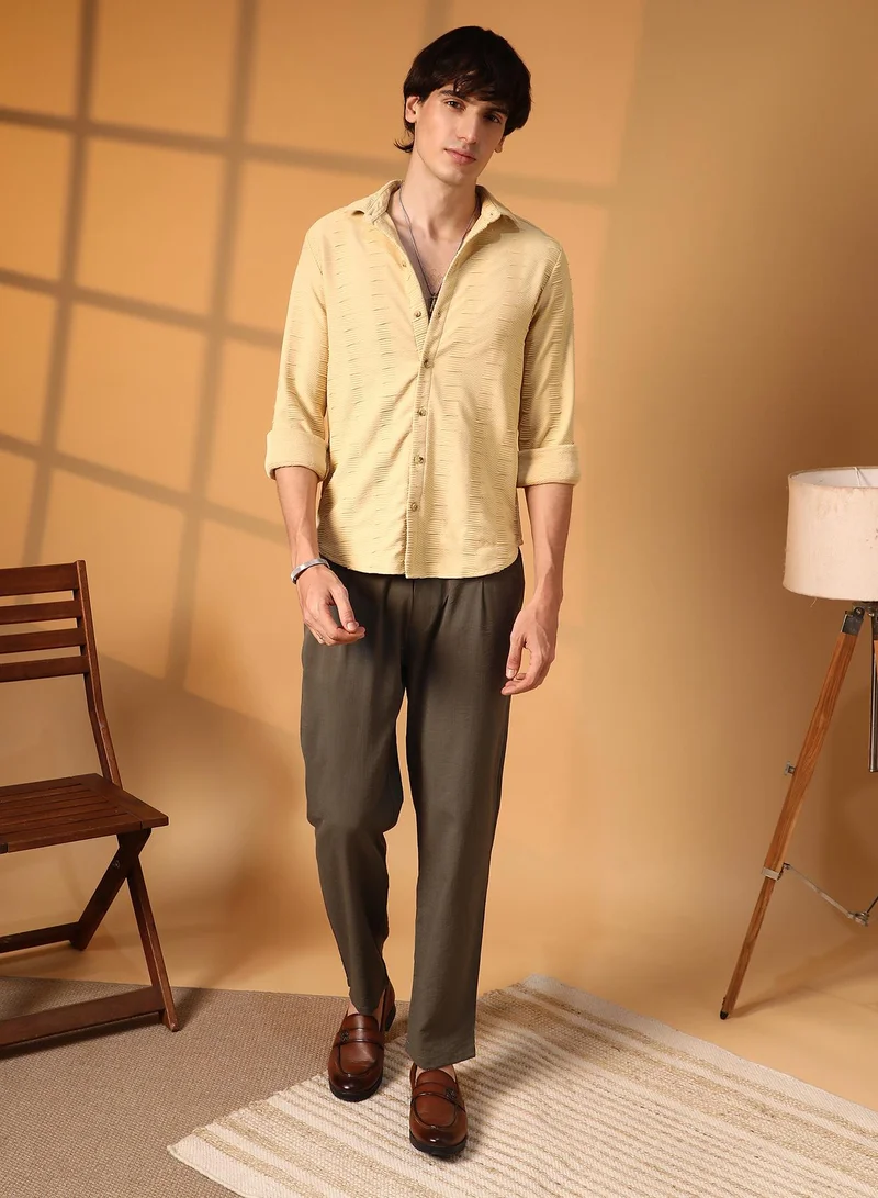 Campus Sutra Men's Butter Yellow Ruche-Ribbed Shirt