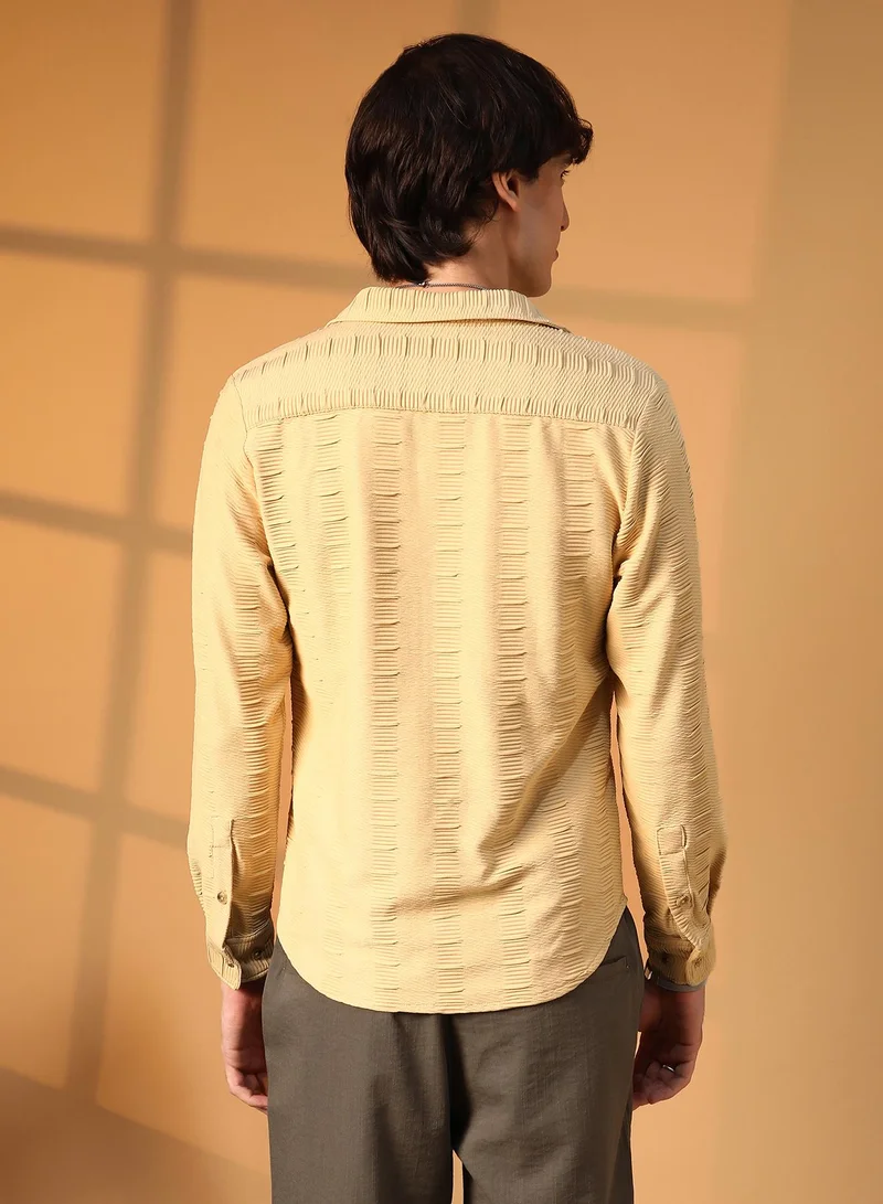 Campus Sutra Men's Butter Yellow Ruche-Ribbed Shirt