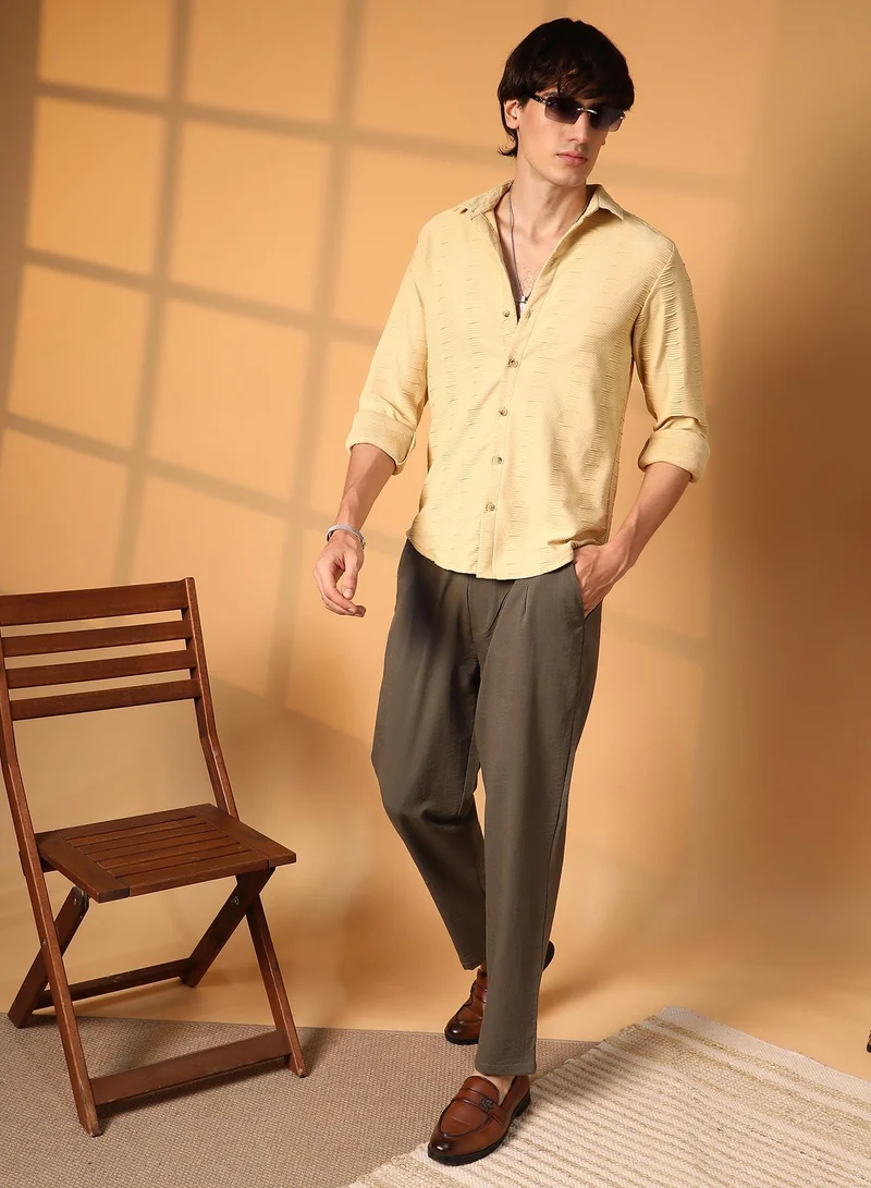 Campus Sutra Men's Butter Yellow Ruche-Ribbed Shirt