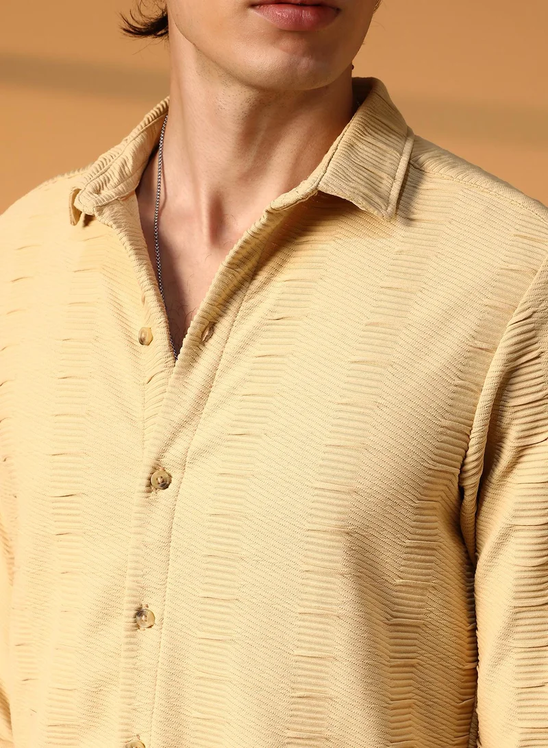 Campus Sutra Men's Butter Yellow Ruche-Ribbed Shirt