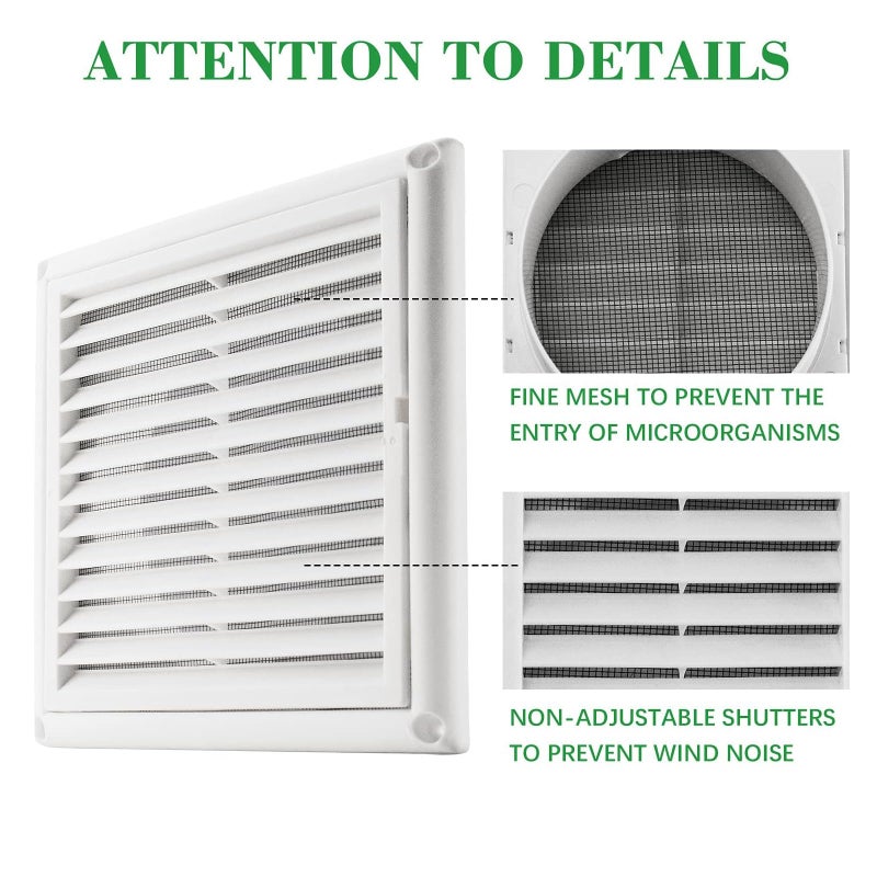 White Louvred Wall Vent Grille 155mm External Dimension with Flyscreen and Round 100mm - 4 inch Rear Spigot/White - Image 5