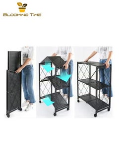 BLOOMING TIME 3-Layer Foldable Storage Rack, No Need To assemble, Strong Load-Bearing Capacity, Anti-corrosion And Anti-Rust, Space-Saving, Can Be Used In Kitchens, Warehouses, Living Rooms, Bedrooms With Universal Wheels Black  - Image 2
