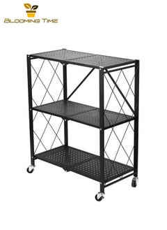 BLOOMING TIME 3-Layer Foldable Storage Rack, No Need To assemble, Strong Load-Bearing Capacity, Anti-corrosion And Anti-Rust, Space-Saving, Can Be Used In Kitchens, Warehouses, Living Rooms, Bedrooms With Universal Wheels Black  - Image 1