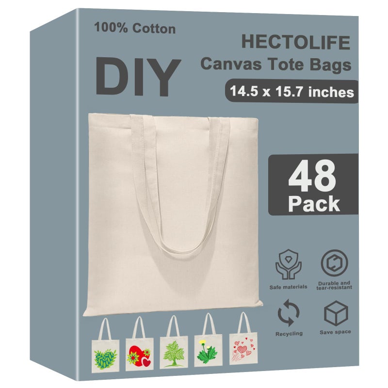 HECTOLIFE 48 Pack Canvas Tote, Reusable Blank Canvas for Shopping,Grocery Bags,DIY Gift Bags - Image 1