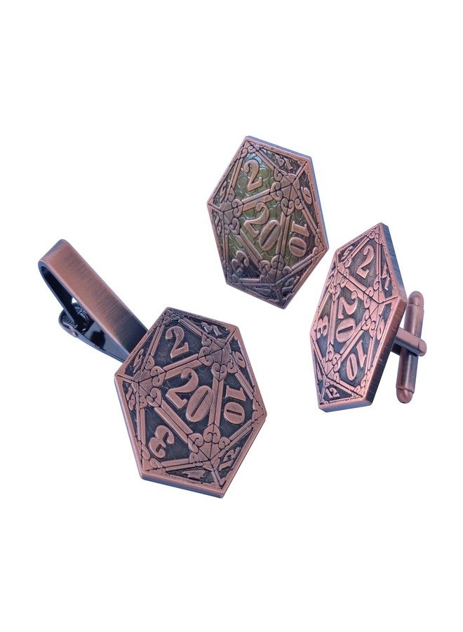 ASVP Shop Stylish D&D D20 Cufflinks & Tie Clip Gift Set - Perfect RPG Gamer's Accessory Set (Vintage Copper) - Image 1