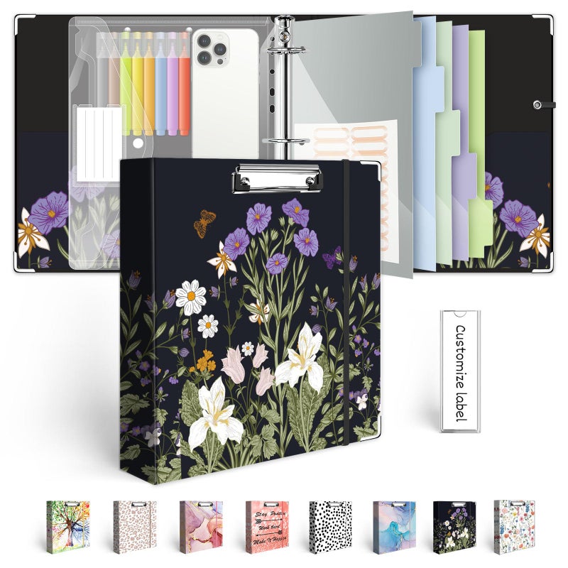 BVSSX 3 Ring Binder 2 Inch for 85x11 Paper Three Ring Binders with Clipboard 5 Dividers with Tabs and Pockets Plastic Folder 18 Divider StikersDecorative Black Binder with Pen HolderWeeds - Image 2