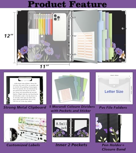 BVSSX 3 Ring Binder 2 Inch for 85x11 Paper Three Ring Binders with Clipboard 5 Dividers with Tabs and Pockets Plastic Folder 18 Divider StikersDecorative Black Binder with Pen HolderWeeds - Image 3