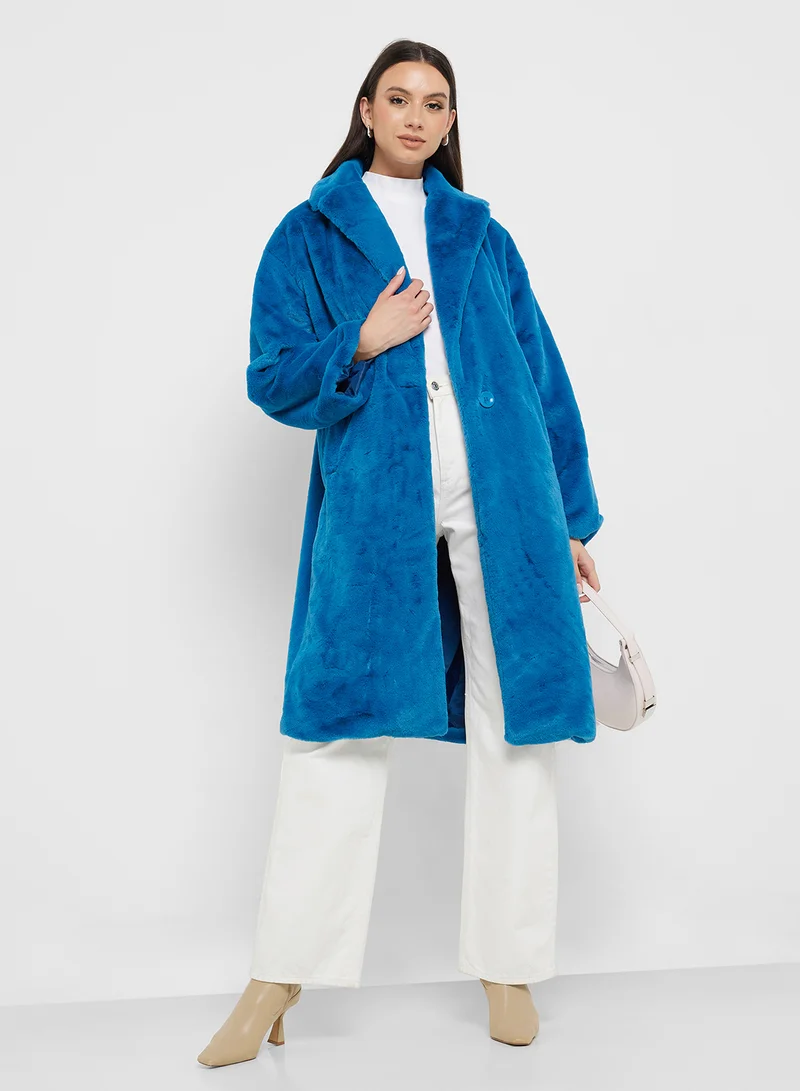 KOTON Oversized Long Plushy Coat Pocket Lapel Neck