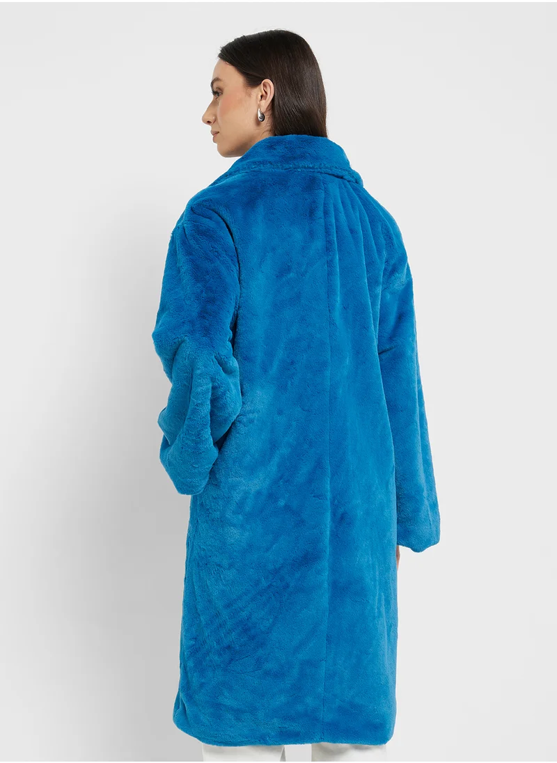 KOTON Oversized Long Plushy Coat Pocket Lapel Neck