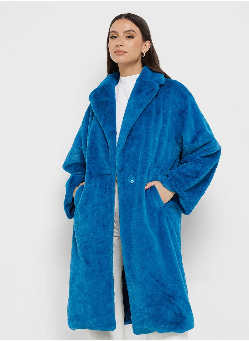 KOTON Oversized Long Plushy Coat Pocket Lapel Neck