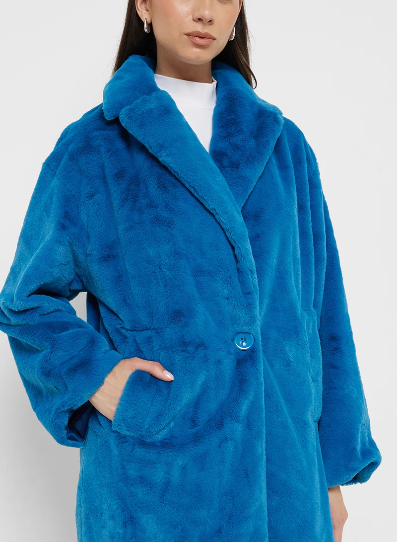 KOTON Oversized Long Plushy Coat Pocket Lapel Neck