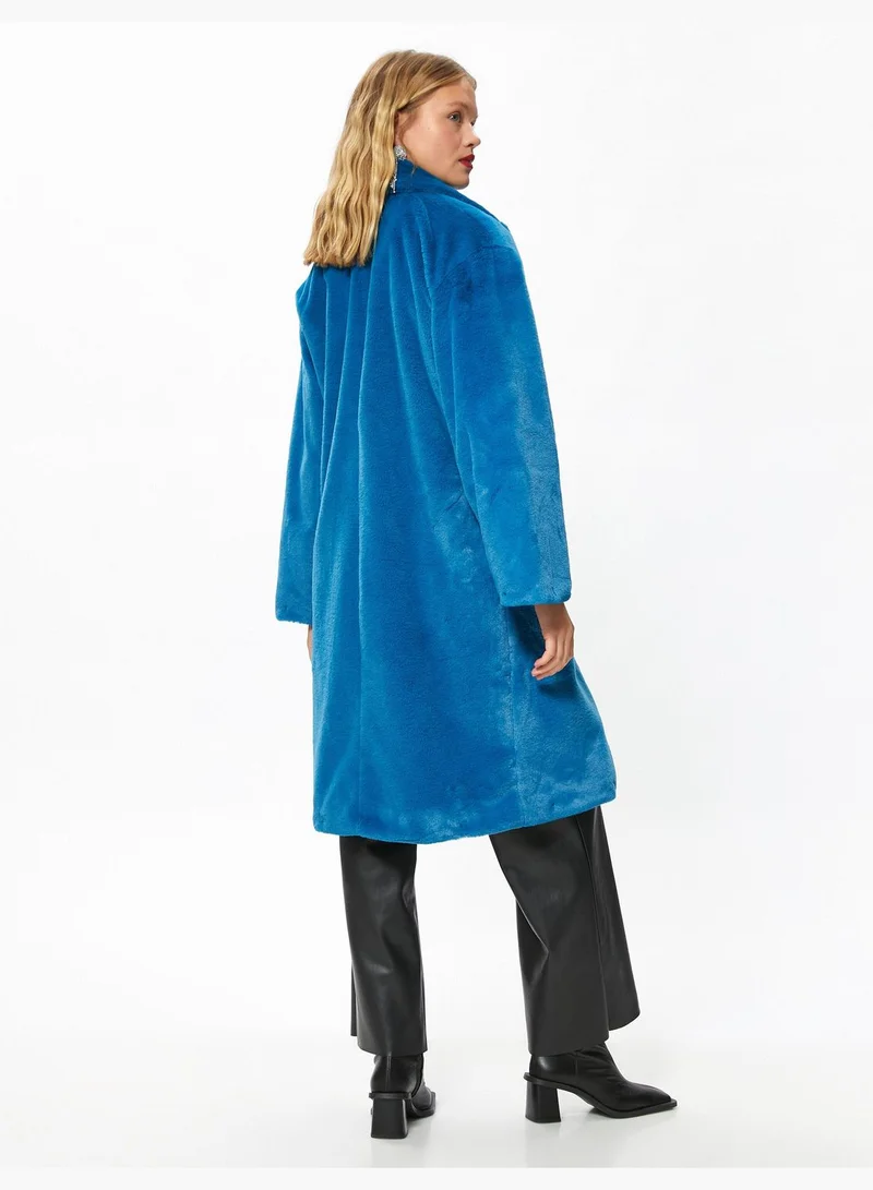 KOTON Oversized Long Plushy Coat Pocket Lapel Neck