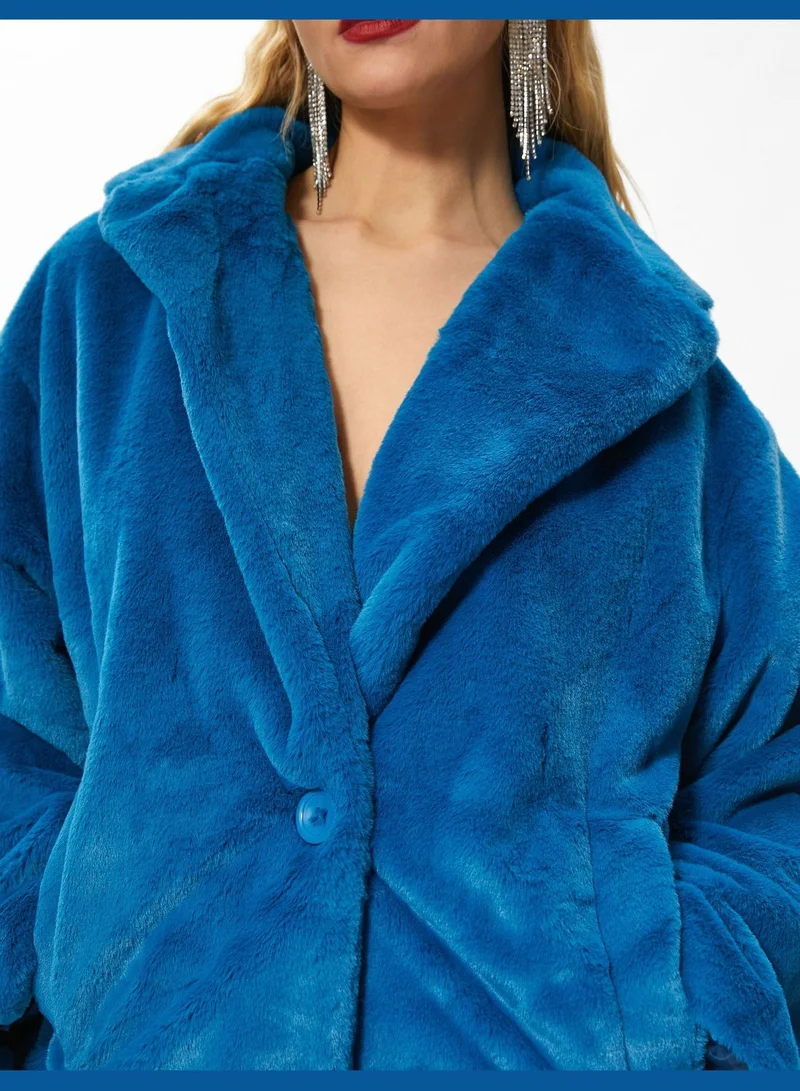 KOTON Oversized Long Plushy Coat Pocket Lapel Neck