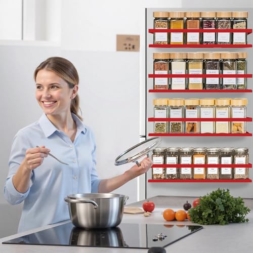 SMRCAD Magnetic Spice Rack for Refrigerator Seasoning Organizer for Spice Fridge Shelf storage Magnetic Shelf with Hook for Oven (4pack-Cut out-Red) - Image 3