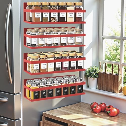 SMRCAD Magnetic Spice Rack for Refrigerator Seasoning Organizer for Spice Fridge Shelf storage Magnetic Shelf with Hook for Oven (4pack-Cut out-Red) - Image 1