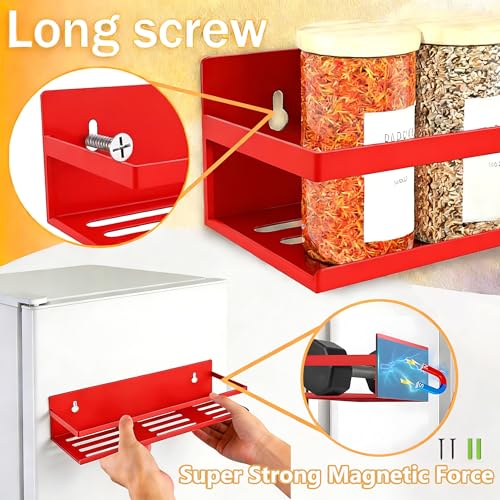 SMRCAD Magnetic Spice Rack for Refrigerator Seasoning Organizer for Spice Fridge Shelf storage Magnetic Shelf with Hook for Oven (4pack-Cut out-Red) - Image 4