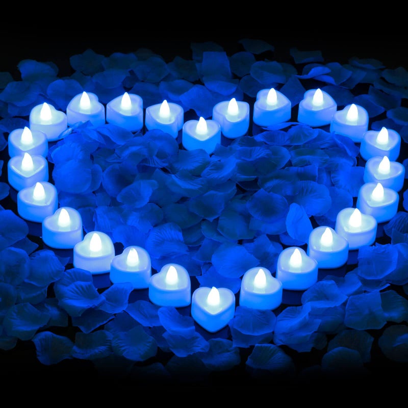 cridoz Blue Rose Petals for Romantic Night for him Set 2000 Pieces Artificial Rose Petals with 24 Pieces Flameless LED Candles for Decoration Wedding Party Valentines DayBlue