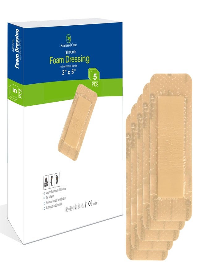 Sanitized Care Silicone Foam Dressing with Adhesive Border 2"x5" Pack of 5, Silicone Foam Dressing for Wound Care, Bed Sores & Pressure Ulcers – Soft, Breathable, Waterproof Bandage, Gentle Removal & High Absorbency - Image 1