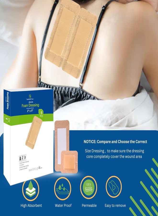 Sanitized Care Silicone Foam Dressing with Adhesive Border 2"x5" Pack of 5, Silicone Foam Dressing for Wound Care, Bed Sores & Pressure Ulcers – Soft, Breathable, Waterproof Bandage, Gentle Removal & High Absorbency - Image 2