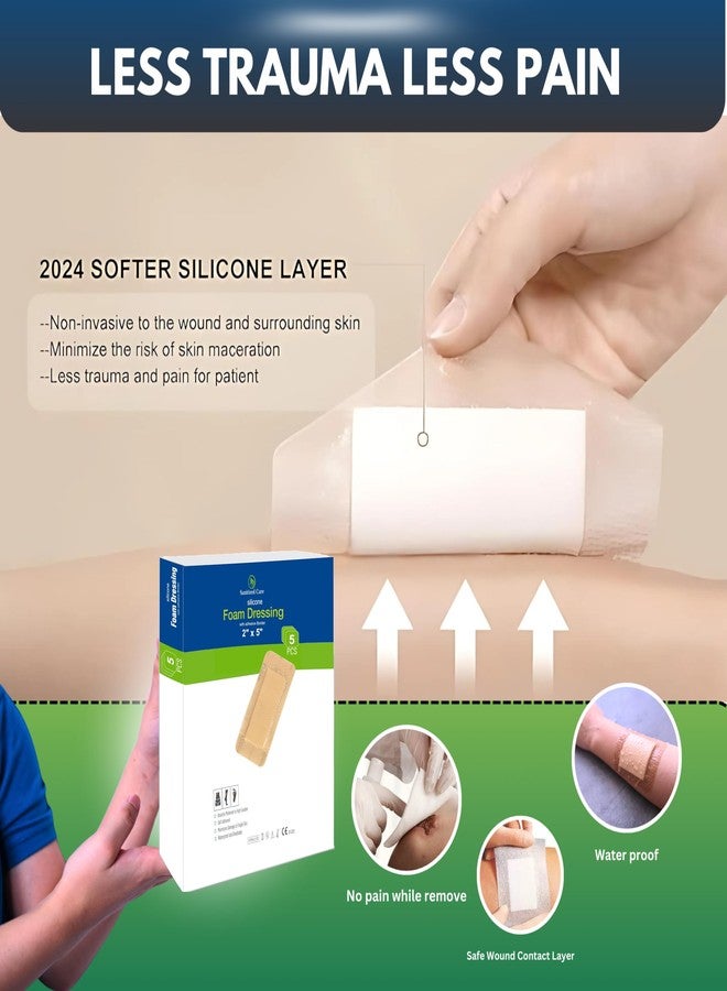Sanitized Care Silicone Foam Dressing with Adhesive Border 2"x5" Pack of 5, Silicone Foam Dressing for Wound Care, Bed Sores & Pressure Ulcers – Soft, Breathable, Waterproof Bandage, Gentle Removal & High Absorbency - Image 4