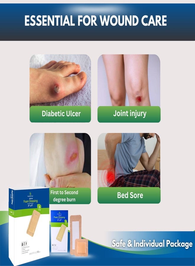 Sanitized Care Silicone Foam Dressing with Adhesive Border 2"x5" Pack of 5, Silicone Foam Dressing for Wound Care, Bed Sores & Pressure Ulcers – Soft, Breathable, Waterproof Bandage, Gentle Removal & High Absorbency - Image 3