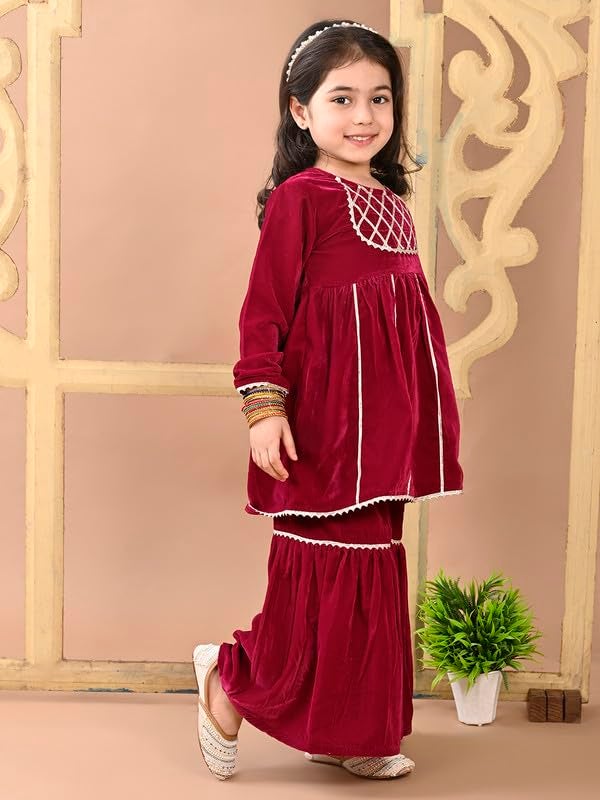 superminis Girls Velvet Gotta Work Kurti with Elasticated Waistband Sharara Set (18-24 Months, Wine) - Image 3