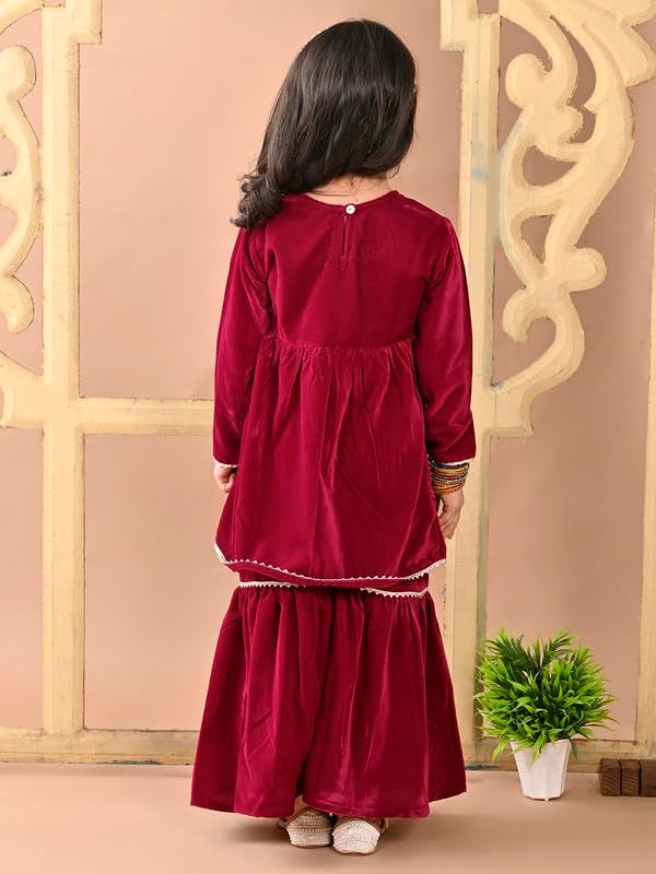 superminis Girls Velvet Gotta Work Kurti with Elasticated Waistband Sharara Set (18-24 Months, Wine) - Image 4