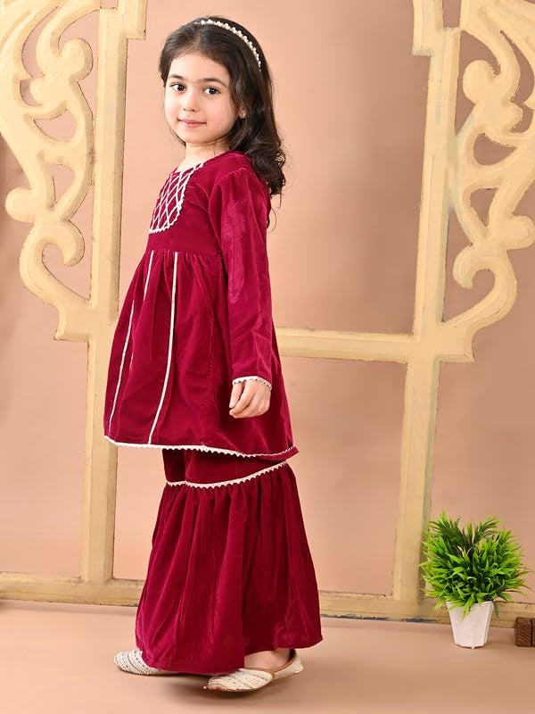 superminis Girls Velvet Gotta Work Kurti with Elasticated Waistband Sharara Set (18-24 Months, Wine) - Image 2