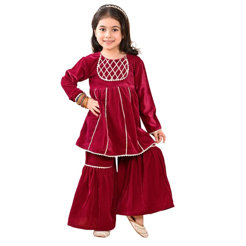 superminis Girls Velvet Gotta Work Kurti with Elasticated Waistband Sharara Set (18-24 Months, Wine) - Image 1