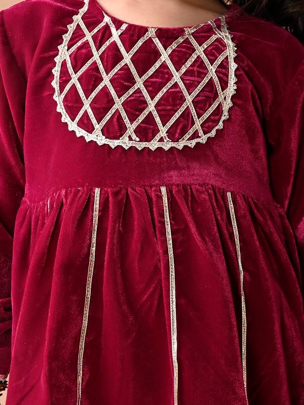 superminis Girls Velvet Gotta Work Kurti with Elasticated Waistband Sharara Set (18-24 Months, Wine) - Image 5